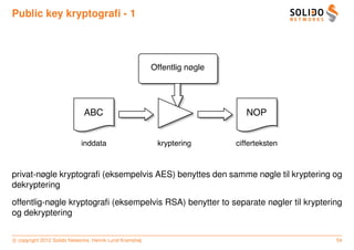 Public key kryptograﬁ - 1




                                                         Offentlig nøgle




                             ABC                                              NOP


                            inddata                       kryptering       cifferteksten



privat-nøgle kryptograﬁ (eksempelvis AES) benyttes den samme nøgle til kryptering og
dekryptering

offentlig-nøgle kryptograﬁ (eksempelvis RSA) benytter to separate nøgler til kryptering
og dekryptering


c copyright 2012 Solido Networks, Henrik Lund Kramshøj                                     54
 