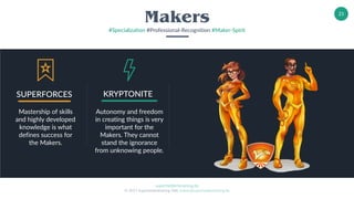 superheldentraining.de
© 2017 Superheldentraining GbR, trainer@superheldentraining.de
21
Makers
#Specialization #Professional-Recognition #Maker-Spirit
Mastership of skills
and highly developed
knowledge is what
defines success for
the Makers.
Autonomy and freedom
in creating things is very
important for the
Makers. They cannot
stand the ignorance
from unknowing people.
SUPERFORCES KRYPTONITE
 