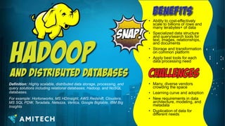 Definition: Highly scalable, distributed data storage, processing, and
query solutions including relational databases, Hadoop, and NoSQL
databases.
For example: Hortonworks, MS HDInsight, AWS Redshift, Cloudera,
MS SQL PDW, Teradata, Netezza, Vertica, Google Bigtable, IBM Big
Insights
• Ability to cost-effectively
scale to billions of rows and
many terabytes+ of data
• Specialized data structure
and query/search tools for
text, images, relationships,
and documents
• Storage and transformation
on common platform
• Apply best tools for each
data processing need
• Many, diverse vendors
crowding the space
• Learning curve and adoption
• New requirements in data
architecture, modeling, and
metadata
• Duplication of data for
different needs
 