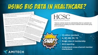 • 15 million members
• IL, MT, NM, OK, TX
• Single view of membership
• ACA reporting
• Understand cross-channel member
interactions
“improve customer service by understanding what our customers are
experiencing and enabling us to have a real-time view of what’s going
on in our business”
 
