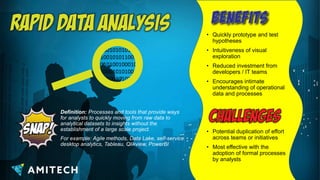 • Quickly prototype and test
hypotheses
• Intuitiveness of visual
exploration
• Reduced investment from
developers / IT teams
• Encourages intimate
understanding of operational
data and processes
• Potential duplication of effort
across teams or initiatives
• Most effective with the
adoption of formal processes
by analysts
Definition: Processes and tools that provide ways
for analysts to quickly moving from raw data to
analytical datasets to insights without the
establishment of a large scale project.
For example: Agile methods, Data Lake, self-service
desktop analytics, Tableau, Qlikview, PowerBI
100101010100
100101011001
010100100010
100010101001
101001010100
 