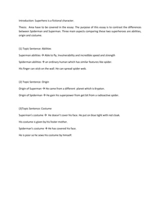 Introduction: Superhero is a fictional character.
Thesis: Area have to be covered in the essay: The purpose of this essay is to contrast the differences
between Spiderman and Superman. Three main aspects comparing these two superheroes are abilities,
origin and costume.
(1) Topic Sentence: Abilities
Superman abilities  Able to fly, Invulnerability and incredible speed and strength
Spiderman abilities  an ordinary human which has similar features like spider.
His finger can stick on the wall. He can spread spider web.
(2) Topic Sentence: Origin
Origin of Superman  He came from a different planet which is Krypton.
Origin of Spiderman  He gain his superpower from get bit from a radioactive spider.
(3)Topic Sentence: Costume
Superman’s costume  He doesn’t cover his face. He put on blue tight with red cloak.
His costume is given by his foster mother.
Spiderman’s costume  He has covered his face.
He is poor so he sews his costume by himself.
 