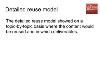 Detailed reuse model The detailed reuse model showed on a topic-by-topic basis where the content would be reused and in which deliverables. 