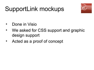 SupportLink mockups Done in Visio We asked for CSS support and graphic design support Acted as a proof of concept 