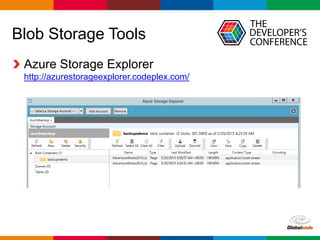 Globalcode – Open4education
Blob Storage Tools
Azure Storage Explorer
http://azurestorageexplorer.codeplex.com/
 