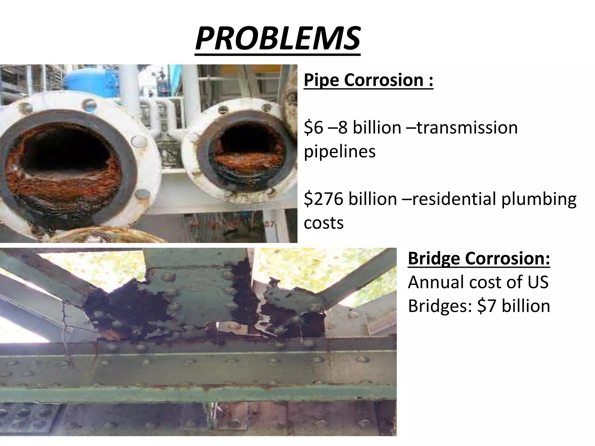 PROBLEMS
Pipe Corrosion :
$6 –8 billion –transmission
pipelines
$276 billion –residential plumbing
costs
Bridge Corrosion:
Annual cost of US
Bridges: $7 billion
 
