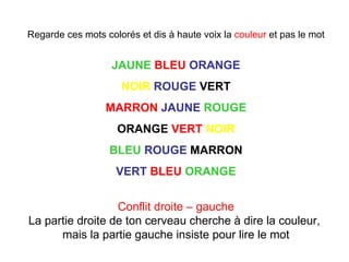 Regarde ces mots colorés et dis à haute voix la  couleur  et pas le mot JAUNE   BLEU   ORANGE NOIR   ROUGE  VERT MARRON   JAUNE   ROUGE ORANGE  VERT   NOIR BLEU   ROUGE  MARRON VERT   BLEU   ORANGE Conflit droite – gauche La partie droite de ton cerveau cherche à dire la couleur,  mais la partie gauche insiste pour lire le mot 