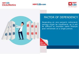 FACTOR OF DEPENDENCY
Depending on one person's retirement
savings might be insufficient, as it will
be difficult to maintain same lifestyle
post retirement on a single person.
 