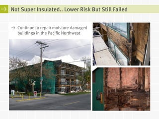 Not Super Insulated.. Lower Risk But Still Failed 
! Continue to repair moisture damaged 
buildings in the Pacific Northwest 
 