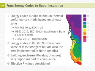 From Energy Codes to Super Insulation 
! Energy codes outline minimum thermal 
performance criteria based on climate 
zone 
! ASHRAE 90.1, IECC – US 
! WSEC 2012, SEC 2012– Washington State 
& City of Seattle 
! OEESC 2010 – Oregon State 
! Energy codes in Pacific Northwest are 
some of most stringent but are also the 
best implemented in North America 
! Building enclosure (R-value/U-values) 
very important part of compliance 
! Effective R-values considered 
 