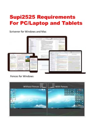 Supi2525 Requirements
For PC/Laptop and Tablets
Scrivener for Windows and Mac
Fences for Windows
 