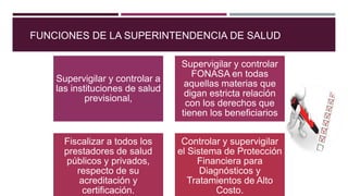 FUNCIONES DE LA SUPERINTENDENCIA DE SALUD
Supervigilar y controlar a
las instituciones de salud
previsional,
Supervigilar y controlar
FONASA en todas
aquellas materias que
digan estricta relación
con los derechos que
tienen los beneficiarios
Fiscalizar a todos los
prestadores de salud
públicos y privados,
respecto de su
acreditación y
certificación.
Controlar y supervigilar
el Sistema de Protección
Financiera para
Diagnósticos y
Tratamientos de Alto
Costo.
 