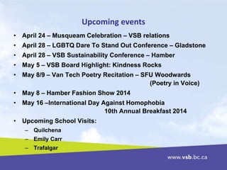 Upcoming events
• April 24 – Musqueam Celebration – VSB relations
• April 28 – LGBTQ Dare To Stand Out Conference – Gladstone
• April 28 – VSB Sustainability Conference – Hamber
• May 5 – VSB Board Highlight: Kindness Rocks
• May 8/9 – Van Tech Poetry Recitation – SFU Woodwards
(Poetry in Voice)
• May 8 – Hamber Fashion Show 2014
• May 16 –International Day Against Homophobia
10th Annual Breakfast 2014
• Upcoming School Visits:
– Quilchena
– Emily Carr
– Trafalgar