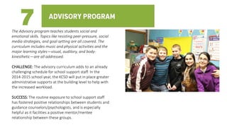 The Advisory program teaches students social and
emotional skills. Topics like resisting peer-pressure, social
media strat...