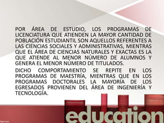 POR ÁREA DE ESTUDIO, LOS PROGRAMAS DE
LICENCIATURA QUE ATIENDEN LA MAYOR CANTIDAD DE
POBLACIÓN ESTUDIANTIL SON AQUELLOS REFERENTES A
LAS CIENCIAS SOCIALES Y ADMINISTRATIVAS, MIENTRAS
QUE EL ÁREA DE CIENCIAS NATURALES Y EXACTAS ES LA
QUE ATIENDE AL MENOR NÚMERO DE ALUMNOS Y
GENERA EL MENOR NÚMERO DE TITULADOS.
DICHO COMPORTAMIENTO SE REPITE EN LOS
PROGRAMAS DE MAESTRÍA, MIENTRAS QUE EN LOS
PROGRAMAS DOCTORALES LA MAYORÍA DE LOS
EGRESADOS PROVIENEN DEL ÁREA DE INGENIERÍA Y
TECNOLOGÍA.
 