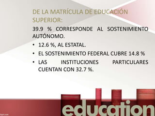 DE LA MATRÍCULA DE EDUCACIÓN
SUPERIOR:
39.9 % CORRESPONDE AL SOSTENIMIENTO
AUTÓNOMO.
• 12.6 %, AL ESTATAL.
• EL SOSTENIMIENTO FEDERAL CUBRE 14.8 %
• LAS INSTITUCIONES PARTICULARES
CUENTAN CON 32.7 %.
 