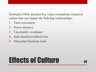 Effects of Culture
Hofstede (1984) detailed five value orientations related to
culture that can impact the Sub/Sup relatio...