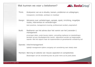 Wat kunnen we voor u betekenen?

                         Think:    Analyseren van as-is situatie, kansen, problemen en uitdagingen;
                                   transparant, inzichtelijk, werkbaar en meetbaar


                         Design:   Adviseren over verbeteringen, aanpak, opzet, inrichting, mogelijke
                                   routes, interventies en veranderingen
                                   best practices, management ervaring, professioneel oordeel, pragmatisch


                         Build:    Realiseren van het advies door het voeren van het (verander-)
                                   management
                                   ervaringen delen, juiste keuzes maken, versnelling realiseren en doelstellingen
                                   bereiken op een resultaatgerichte manier: afgerekend worden op toegevoegde
                                   waarde. Niet het rapport maar de implementatie en gerealiseerde verbetering telt


                         Operate: Interimmanagement
                                   tijdelijk management tijdens overgang van verandering naar steady state


                         Maintain: Werving en selectie van nieuwe capaciteit en competenties
                                   Bestendigen van de verandering door de juiste mens op de juiste plaats




BastaGroup bv © maart 2011                                                                                            Pagina
 