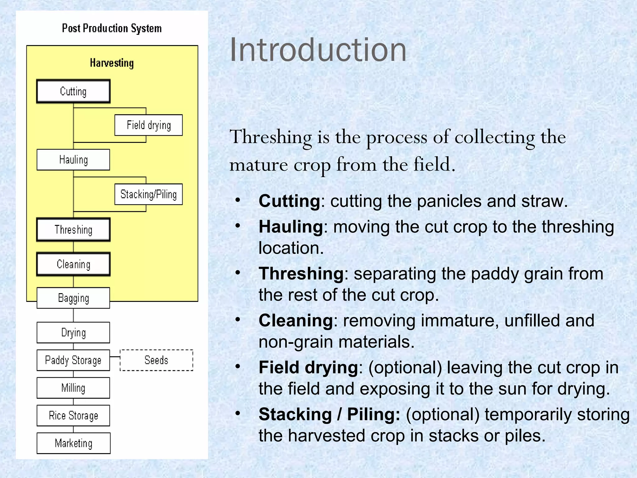 Introduction
Threshing is the process of collecting the
mature crop from the field.
•
•
•
•
•
•

Cutting: cutting the panicles and straw.
Hauling: moving the cut crop to the threshing
location.
Threshing: separating the paddy grain from
the rest of the cut crop.
Cleaning: removing immature, unfilled and
non-grain materials.
Field drying: (optional) leaving the cut crop in
the field and exposing it to the sun for drying.
Stacking / Piling: (optional) temporarily storing
the harvested crop in stacks or piles.

 