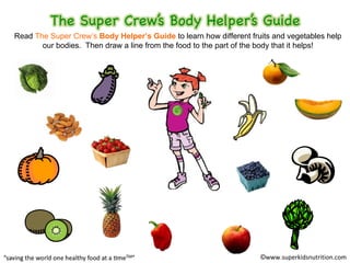 Read The Super Crew’s Body Helper’s Guide to learn how different fruits and vegetables help
our bodies. Then draw a line from the food to the part of the body that it helps!
©www.superkidsnutrition.com
 