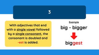 3
Example
biggest
big - bigger
With adjectives that end
with a single vowel followed
by a single consonant, the
consonant is doubled and
-est is added.
 