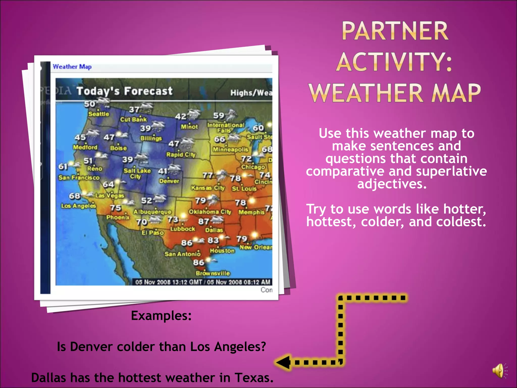 Use this weather map to make sentences and questions that contain comparative and superlative adjectives.  Try to use words like hotter, hottest, colder, and coldest. Examples:   Is Denver colder than Los Angeles? Dallas has the hottest weather in Texas. 