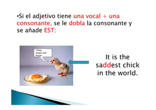 Si el adjetivo tiene una vocal + una consonante, se le dobla la consonante y se añade EST:Itisthesaddestchickin theworld.