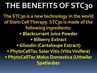 THE BENEFITS OF STC30
The STC30 is a new technology in the world
of Stem CellTherapy. STC30 is made of the
following ingredients:
• Blackcurrant Juice Powder
• Bilberry Extract
• Glisodin (Cantaloupe Extract)
• PhytoCellTec SolarVitis (VitisVinifera)
• PhytoCellTec Malus Domestica (Uttwiler
Spatlauber)
 