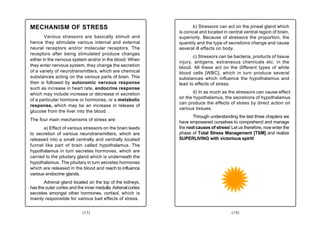 MECHANISM OF STRESS                                                 b) Stressors can act on the pineal gland which
                                                             is conical and located in central ventral region of brain,
        Various stressors are basically stimuli and          superiorly. Because of stressors the proportion, the
hence they stimulate various internal and external           quantity and the type of secretions change and cause
neural receptors and/or molecular receptors. The             several ill effects on body.
receptors after being stimulated produce changes
                                                                    c) Stressors can be bacteria, products of tissue
either in the nervous system and/or in the blood. When
                                                             injury, antigens, extraneous chemicals etc. in the
they enter nervous system, they change the secretion         blood. All these act on the different types of white
of a variety of neurotransmitters, which are chemical        blood cells [WBC], which in turn produce several
substances acting on the various parts of brain. This        substances which influence the hypothalamus and
then is followed by autonomic nervous response               lead to effects of stress.
such as increase in heart rate, endocrine response
which may include increase or decrease in secretion                 d) In as much as the stressors can cause effect
of a particular hormone or hormones, or a metabolic          on the hypothalamus, the secretions of hypothalamus
                                                             can produce the effects of stress by direct action on
response, which may be an increase in release of
                                                             various tissues.
glucose from the liver into the blood. .
                                                                    Through understanding the last three chapters we
The four main mechanisms of stress are:
                                                             have empowered ourselves to comprehend and manage
       a) Effect of various stressors on the brain leads     the root causes of stress! Let us therefore, now enter the
to secretion of various neurotransmitters, which are         phase of Total Stress Management [TSM] and realize
released into a small centrally and ventrally located        SUPERLIVING with victorious spirit!
funnel like part of brain called hypothalamus. The
hypothalamus in turn secretes hormones, which are
carried to the pituitary gland which is underneath the
hypothalamus. The pituitary in turn secretes hormones
which are released in the blood and reach to influence
various endocrine glands.
       Adrenal gland located on the top of the kidneys,
has the outer cortex and the inner medulla. Adrenal cortex
secretes amongst other hormones, cortisol, which is
mainly responsible for various bad effects of stress.


                           (13)                                                         (14)
 
