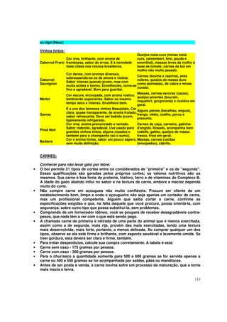 ou Ugni Blanc)

    Vinhos tintos:
                                                                 Queijos meia-cura (minas meia-
                   Cor viva, brilhante, com aroma de             cura, camembert, brie, gouda e
    Cabernet Franc framboesa, sabor de ervas. É a variedade      ementhal), massas leves de molho à
                   mais citada nos rótulos brasileiros.          base de tomate; carnes de boi em
                                                                 molho não muito pesado.
                     Cor densa, com aromas diversos,
                                                                  Carnes (bovina e caprina), aves
                     sobressaindo-se os de amora e violeta.
    Cabernet                                                      nobres, queijos de massa dura
                     Sabor intenso quando jovem, mas com
    Sauvignon                                                     como parmesão, de cabra e minas
                     muita acidez e tanino. Envelhecido, torna-se
                                                                  curado.
                     fino e agradável. Bom para guardar.
                                                                  Massas, carnes escuras (caças),
                     Cor escura, encorpada, com aroma rústico,
                                                                  queijos picantes (boursin,
    Merlot           lembrando especiarias. Sabor ao mesmo
                                                                  roquefort, gorgonzola) e cozidos em
                     tempo seco e intenso. Envelhece bem.
                                                                  geral.
                     É a uva dos famosos vinhos Beaujolais. Cor
                                                                  Alguns peixes (bacalhau, enguia),
                     clara, quase transparente, de aroma frutado,
    Gamay                                                         frango, vitela, coelho, porco e
                     sabor refrescante. Deve ser bebido jovem,
                                                                  presunto.
                     ligeiramente refrigerado.
                     Cor viva, aroma pronunciado e variado.       Carnes de caça, carneiro, galinha-
                     Sabor redondo, agradável. Uva usada para d'angola. Rosado, acompanha bem
    Pinot Noir
                     grandes vinhos tintos, alguns rosados e      rosbife, galeto, queijos de massa
                     também para o champanhe (só o sumo).         fresca, frios em geral.
                     Cor e aroma fortes, sabor um pouco áspero, Massas, carnes cozidas
    Barbera
                     sem muita definição.                         (ensopados), cabrito.


    CARNES:

    Conhecer para não levar gato por lebre:
•   O boi permite 21 tipos de cortes entre os considerados de "primeira" e os de "segunda".
    Essas qualificações são geradas pelos próprios cortes; os valores nutritivos são os
    mesmos. Sua carne é boa fonte de proteína, fósforo, ferro e de vitaminas do Complexo B.
    A idade do gado abatido influi no sabor e na textura da carne, embora a maciez dependa
    muito do corte.
•   Não compre carne em açougues não muito confiáveis. Procure ser cliente de um
    estabelecimento bom, limpo e onde o açougueiro não seja apenas um cortador de carne,
    mas um profissional competente. Alguém que saiba cortar a carne, confirme as
    especificações exigidas e que, na falta daquela que você procura, possa orientá-la, com
    segurança, sobre outro tipo que possa substituí-la, sem problemas.
•   Comprando de um fornecedor idôneo, você se poupará de receber desagradáveis contra-
    pesos, que nada têm a ver com o que está sendo pago.
•   A chamada carne de primeira é retirada de uma parte do animal que é menos exercitada,
    assim como a de segunda, mais rija, provém das mais exercitadas, tendo uma textura
    mais desenvolvida; mais forte, portanto, a menos delicada. Ao comprar qualquer um dos
    tipos, observe se ela está firme e brilhante, com aspecto saudável e levemente úmida. Se
    tiver gordura, esta deverá ser clara e firme, também.
•   Para evitar desperdícios, calcule sua compra corretamente. A tabela é esta:
•   Carne sem osso - 175 gramas por pessoa.
•   Carne com osso - 300 gramas por pessoa.
•   Para o churrasco a quantidade aumenta para 500 a 600 gramas se for servida apenas a
    carne ou 400 a 500 gramas se for acompanhada por saldas, pães ou mandiocas.
•   Antes de ser posta à venda, a carne bovina sofre um processo de maturação, que a torna
    mais macia e tenra.

                                                                                                    115
 