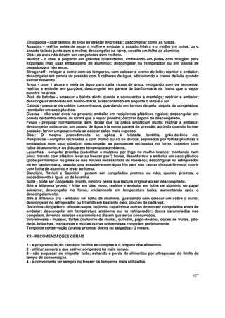 Ensopados - usar farinha de trigo se desejar engrossar; descongelar como as sopas.
Assados - resfriar antes de secar o molho e embalar o assado inteiro e o molho em potes, ou o
assado fatiado junto com o molho; descongelar no forno, envolto em folha de alumínio.
Obs.: as aves não devem ser congeladas com recheio.
Molhos - o ideal é preparar em grandes quantidades, embalando em potes com margem para
expansão (não usar embalagens de alumínio); descongelar no refrigerador ou em panela de
pressão para não secar.
Strogonoff - refogar a carne com os temperos, sem colocar o creme de leite; resfriar e embalar;
descongelar em panela de pressão com 5 colheres de água, adicionando o creme de leite quando
estiver fervendo.
Arroz - usar 1 xícara e meia de água para cada xícara de arroz, refogando com os temperos;
resfriar e embalar em porções; descongelar em panela de banho-maria de forma que o vapor
penetre no arroz.
Purê de batatas - amassar a batata ainda quente e acrescentar a manteiga; resfriar e embalar;
descongelar embalado em banho-maria, acrescentando em seguida o leite e o sal.
Caldos - preparar os caldos concentrados, guardando em formas de gelo; depois de congelados,
reembalar em saco plástico.
Cuscuz - não usar ovos no preparo; embalar em recipientes plásticos rígidos; descongelar em
panela de banho-maria, de forma que o vapor penetre; decorar depois de descongelado.
Feijão - preparar normalmente, sem deixar que os grãos amoleçam muito; resfriar e embalar;
descongelar colocando um pouco de água fria numa panela de pressão, abrindo quando formar
pressão; ferver um pouco mais se desejar caldo mais espesso.
Obs.: O mesmo procedimento se aplica à feijoada, lentilha, grão-de-bico etc.
Panquecas - congelar recheadas e com molho ou só os discos, separados por folhas plásticas e
embalados num saco plástico; descongelar as panquecas recheadas no forno, cobertas com
folha de alumínio, e os discos em temperatura ambiente.
Lasanhas - congelar prontas (substituir a maizena por trigo no molho branco) montando num
pirex forrado com plástico levar ao freezer por 2 horas, desenformar e embalar em saco plástico
(pode permanecer no pirex se não houver necessidade de liberá-lo); descongelar no refrigerador
ou em banho-maria, usando uma assadeira com água fria para não causar choque térmico; cobrir
com folha de alumínio e levar ao forno.
Caneloni, Ravioli e Capeleti - podem ser congelados prontos ou não; quando prontos, o
procedimento é igual ao da lasanha.
Suflê - pode ser congelado pronto, embora perca sua textura original ao ser descongelado.
Bife à Milanesa pronto - fritar em óleo novo, resfriar e embalar em folha de alumínio ou papel
aderente; descongelar no forno, inicialmente em temperatura baixa, aumentando após o
descongelamento.
Bife à Milanesa cru - embalar em folha de alumínio, guardando sem colocar um sobre o outro;
descongelar no refrigerador ou fritando em bastante óleo, poucos de cada vez.
Docinhos - brigadeiro, olho-de-sogra, beijinho, cajuzinho e outros devem ser congelados antes de
embalar; descongelar em temperatura ambiente ou no refrigerador; doces caramelados não
congelam, devendo receber o caramelo no dia em que serão consumidos.
Sobremesas - musses, tortas (inclusive de ricota), quindim, papo-de-anjo, doces de frutas, pão-
de-ló, bolachas, maria-mole e muitas outras sobremesas congelam perfeitamente.
Tempo de conservação (pratos prontos, doces ou salgados): 3 meses.

XX - RECOMENDAÇÕES GERAIS

1 - a programação do cardápio facilita as compras e o preparo dos alimentos.
2 - utilizar sempre o que estiver congelado há mais tempo.
3 - não esquecer de etiquetar tudo, evitando a perda de alimentos por ultrapassar do limite de
tempo de conservação.
4 - é conveniente ter sempre no freezer os temperos mais utilizados.


                                                                                            127
 