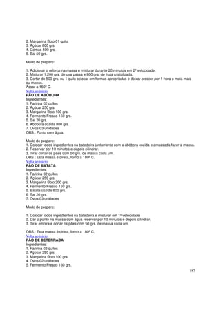 2. Margarina Bolo 01 quilo
3. Açúcar 600 grs.
4. Gemas 500 grs.
5. Sal 50 grs.

Modo de preparo:

1. Adicionar o reforço na massa e misturar durante 20 minutos em 2ª velocidade.
2. Misturar 1.200 grs. de uva passa e 800 grs. de fruta cristalizada.
3. Cortar de 500 grs. ou 1 quilo colocar em formas apropriadas e deixar crescer por 1 hora e meia mais
ou menos.
Assar a 160º C.
Volta ao inicio
PÃO DE ABÓBORA
Ingredientes:
1. Farinha 02 quilos
2. Açúcar 250 grs.
3. Margarina Bolo 100 grs.
4. Fermento Fresco 150 grs.
5. Sal 20 grs.
6. Abóbora cozida 800 grs.
7. Ovos 03 unidades
OBS.: Ponto com água.

Modo de preparo:
1. Colocar todos ingredientes na batedeira juntamente com a abóbora cozida e amassada fazer a massa.
2. Reservar por 10 minutos e depois cilindrar.
3. Tirar cortar os pães com 50 grs. de massa cada um.
OBS.: Esta massa é direta, forno a 180º C.
Volta ao inicio
PÃO DE BATATA
Ingredientes:
1. Farinha 02 quilos
2. Açúcar 250 grs.
3. Margarina Bolo 200 grs.
4. Fermento Fresco 150 grs.
5. Batata cozida 800 grs.
6. Sal 20 grs.
7. Ovos 03 unidades

Modo de preparo:

1. Colocar todos ingredientes na batedeira e misturar em 1º velocidade
2. Dar o ponto na massa com água reservar por 10 minutos e depois cilindrar.
3. Tirar embira e cortar os pães com 50 grs. de massa cada um.

OBS.: Esta massa é direta, forno a 180º C.
Volta ao inicio
PÃO DE BETERRABA
Ingredientes:
1. Farinha 02 quilos
2. Açúcar 250 grs.
3. Margarina Bolo 100 grs.
4. Ovos 02 unidades
5. Fermento Fresco 150 grs.
                                                                                                    187
 