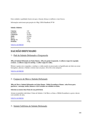Estes cuidados e qualidades fazem com que a Aracaty ofereça os melhores e mais frescos.

Informações nutricionais para porções de 100g, USDA Handbook No 08


Salmão Atlântico

Calorias                 142
Gordura                  6,34g
Colesterol               55,0mg
Sódio                    44,0mg
Ferro                    0,8mg
Ômega 3s                 1,4g
Proteína                 19,8g

VOLTA AO INICIO



SALMÃO DEFUMADO
1 - Patê de Salmão Defumado e Gorgonzola

200 g de Salmão Defumado em Fatias Damm . 220 g de queijo Gorgonzola . 6 colheres (sopa) de requeijão
cremoso . 2 colheres (sopa) de catchup . 1 colher (sopa) de vodka.

Misture o queijo com o requeijão, o catchup e a vodka usando em processador ou liquidificador até obter um creme
homogêneo, adicione o Salmão e misture mais um pouco. Sirva frio como antepasto.

VOLTA AO INICIO




2 - Carpaccio de Mero e Salmão Defumado

300 g de Mero e Salmão Defumados em Fatias Damm . Molho Escandinavo Damm . salsa fresca para
guarnecer . morango, melão, damasco e kiwi cortados em cubinhos ou fatias.

Selecione ao menos duas frutas de sua preferência

Arrume em pratinhos individuais 2 fatias de Salmão e 2 de Mero, as frutas, o Molho Escandinavo a gosto e decore
com raminhos de salsa.

VOLTA AO INICIO




3 - Salada Califórnia de Salmão Defumado


                                                                                                             200
 