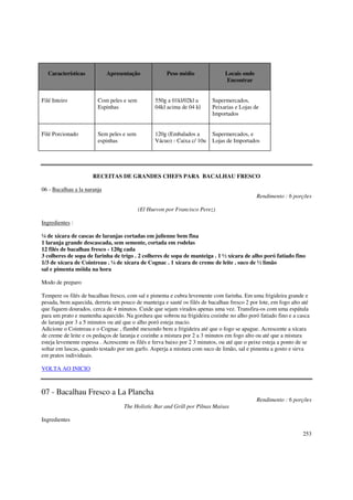 Características           Apresentação             Peso médio                Locais onde
                                                                                Encontrar


Filé Inteiro            Com peles e sem          550g a 01kl/02kl a       Supermercados,
                        Espinhas                 04kl acima de 04 kl      Peixarias e Lojas de
                                                                          Importados


Filé Porcionado         Sem peles e sem          120g (Embalados a        Supermercados, e
                        espinhas                 Vácuo) - Caixa c/ 10u    Lojas de Importados




                      RECEITAS DE GRANDES CHEFS PARA BACALHAU FRESCO

06 - Bacalhau a la naranja
                                                                                              Rendimento : 6 porções

                                          (El Huevon por Francisco Perez)

Ingredientes :

¼ de xícara de cascas de laranjas cortadas em julienne bem fina
1 laranja grande descascada, sem semente, cortada em rodelas
12 filés de bacalhau fresco - 120g cada
3 colheres de sopa de farinha de trigo . 2 colheres de sopa de manteiga . 1 ½ xícara de alho poró fatiado fino
1/3 de xícara de Cointreau . ¼ de xícara de Cognac . 1 xícara de creme de leite . suco de ½ limão
sal e pimenta móida na hora

Modo de preparo

Tempere os filés de bacalhau fresco, com sal e pimenta e cubra levemente com farinha. Em uma frigideira grande e
pesada, bem aquecida, derreta um pouco de manteiga e sauté os filés de bacalhau fresco 2 por lote, em fogo alto até
que fiquem dourados, cerca de 4 minutos. Cuide que sejam virados apenas uma vez. Transfira-os com uma espátula
para um prato e mantenha aquecido. Na gordura que sobrou na frigideira cozinhe no alho poró fatiado fino e a casca
de laranja por 3 a 5 minutos ou até que o alho poró esteja macio.
Adicione o Cointreau e o Cognac , flambê mexendo bem a frigideira até que o fogo se apague. Acrescente a xícara
de creme de leite e os pedaços de laranja e cozinhe a mistura por 2 a 3 minutos em fogo alto ou até que a mistura
esteja levemente espessa . Acrescente os filés e ferva baixo por 2 3 minutos, ou até que o peixe esteja a ponto de se
soltar em lascas, quando testado por um garfo. Asperja a mistura com suco de limão, sal e pimenta a gosto e sirva
em pratos individuais.

VOLTA AO INICIO



07 - Bacalhau Fresco a La Plancha
                                                                                              Rendimento : 6 porções
                                    The Holistic Bar and Grill por Pilnas Maisas

Ingredientes

                                                                                                                  253
 