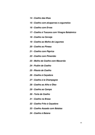 14 - Coelho das Ilhas

15 - Coelho com alcaparras e cogumelos

16 - Coelho com Ervas

17 - Coelho à Toscana com Vinagre Balsâmico

18 - Coelho na Cerveja

19 - Coelho ao Molho de Legumes

20 - Coelho ao Pineau

21 - Coelho com Páprica

22 - Coelho com Pimentão

23 - Molho de Coelho com Macarrão

24 - Pudim de Coelho

25 - Risoto de Coelho

26 - Coelho à Caçadora

27 - Coelho à la Champagne

28 - Coelho ao Alho e Óleo

29 - Coelho ao Campo

30 - Torta de Coelho

31 - Coelho na Brasa

32 - Coelho Frito à Caçadora

33 - Coelho Assado com Batatas

34 - Coelho à Baiana



                                              48
 
