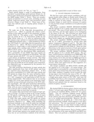 6 Ogle et al.
surface density of 2.0 × 10−3
M yr−1
kpc−2
.
Super spirals display a range of morphologies, from
ﬂocculent to grand-design spiral patterns (Figure 4). At
least 9 super spirals have prominent stellar bars visible in
the SDSS images (Table 1: Notes). There are morpho-
logical peculiarities in several cases, including one-arm
spirals, multi-arm spirals, rings, and asymmetric spiral
structure (Figure 4 and Table 1). These types of fea-
tures may indicate past or ongoing galaxy mergers or
collisions.
4.5. Bulge-disk Decomposition
We make use of the bulge-disk decompositions of
Simard et al. (2011) to quantify the relative contri-
butions of the bulge and disk to the luminosity of super
spirals (Table 2). The galaxy g and r band SDSS im-
ages are jointly ﬁt by a de Vaucouleurs proﬁle for the
bulge (Sersic index nb = 4), plus an exponential disk.
We compare super spirals to a representative subsample
of 4686 spiral galaxies with z > 0.09 classiﬁed by Galaxy
Zoo (GZ, Figure 5), with bulge-disk decompositions also
by Simard et al. (2011). We ﬁnd a much narrower dis-
tribution of r-band bulge to total luminosity (B/T) for
super spirals, with a median value of B/T = 0.17, and a
deﬁcit of B/T values < 0.1. A Kolmogorov-Smirnoﬀ (K-
S) test shows that the distributions diﬀer signiﬁcantly,
with a probability of only 0.0027 that super spirals are
drawn from the same population as GZ spirals. The lack
of super spirals with B/T < 0.1 may be consistent with
a past history of signiﬁcant merger activity. The bulge
ellipticity distribution of super spirals is not signiﬁcantly
diﬀerent from that of GZ spirals (Figure 5(c)). We note
that since the proﬁle ﬁts do not include a bar component,
the ellipticities may be augmented by the presence of a
bar or double bulge.
The disk inclination distribution of super spirals also
diﬀers signiﬁcantly from that of GZ spirals, and from
the expected sin(i) dependence (Figure 5(b)). A K-S
test gives a probability of 0.001 that super spirals and
GZ spirals are drawn from the same inclination distri-
bution. Only 5 (9%) of super spirals have inclinations
of i > 60◦
, compared to the expectation of 50% for ran-
domly oriented disks. This indicates that we are missing
roughly 45% of the super spirals in our luminosity range,
possibly because of internal extinction at the NUV selec-
tion wavelength. The GZ spiral inclination distribution
also diﬀers from the expectation for randomly oriented
disks, with an excess at inclinations > 60◦
that may re-
veal a bias for GZ to classify edge on disks as spirals or
to misclassify edge-on lenticulars as spirals.
The median disk exponential scale length of super spi-
rals is 12.2 kpc, 2.3 times as large as the 5.3 kpc median
for GZ spirals, conﬁrming the giant disk sizes of super
spirals (Figure 5d). A K-S test gives a probability of
0.001 that super spirals and GZ spirals are drawn
from the same size distribution. The galaxy smoothness
parameter (Simard et al. 2009), which quantiﬁes the
fractional residuals to the model ﬁt inside two half-light
radii, is S2 = 0.02−0.24 in r band. The B/T and S2 pa-
rameters of bulge-disk decompositions have been used by
others to quantitatively select early-type galaxies, with
B/T > 0.35 and S2 < 0.075 as criteria (Simard et al.
2009). Several super spirals in our sample meet these cri-
teria, but we are nevertheless conﬁdent of the detection
of a signiﬁcant spiral disk in most of these cases.
5. GALAXY MERGER CANDIDATES
We ﬁnd four super spiral merger candidates with ap-
parent double stellar bulges or double nuclei (Figure 6).
The SDSS spectra only cover the dominant or central
bulge or nucleus of each system. Spectroscopy of the
secondary bulges or nuclei will be necessary to conﬁrm
or rule out these merger candidates as true physical pairs
or multiples.
The merger candidate 2MASX J08542169+0449308
(SS 22) appears to be a nearly equal mass major spiral
pre-merger. The arms of both spirals are wound in the
same direction, and the disks appear to be overlapping
in the plane of the sky. The stretched out spiral arms
of both spiral galaxy components, together with an ap-
parent tidal arm at PA= 0◦
(measured counterclockwise
from North) suggest an ongoing tidal interaction.
The merger candidate 2MASX J16014061+2718161
(SS 37) is a BCG, surrounded by several other disk
galaxy companions (Figures 6 and 7). The host clus-
ter is identiﬁed as GMBCG J240.41924+27.30444, with
a photometric redshift of 0.193 (Table 3). There are clear
distortions to the spiral structures of both spiral galaxy
components that appear to be involved in this merger.
The merger candidate 2MASX J09334777+2114362
(SS 46) appears to be a double AGN system. The pri-
mary, central nucleus is identiﬁed as an SDSS QSO. The
secondary nucleus has similar ﬂux and color to the pri-
mary nucleus, but it does not have an SDSS spectrum to
conﬁrm that it is a true physical double AGN. The galaxy
disk has high surface brightness, suggestive of starburst
activity. Faint outer spiral arms are also suggestive of a
recent galaxy interaction.
The merger candidate and BCG CGCG 122-067 (SS
50) appears to be a late stage ∼ 2:1 major merger. The
double bulge is surrounded by a common inner disk. Two
giant spiral arms emerge from this central disk, one from
each bulge, making a complete circuit around the disk.
A large gap is seen between the arms at PA= 0◦
− 90◦
.
There are three other possible merging nuclei, including
a bright green point source at PA= 270◦
, that raise the
possibility that this is a ﬁve-component multiple merger
system. Such multiple mergers are reminiscent of the
elliptical nest galaxies that are sometimes found at the
centers of galaxy clusters.
6. ENVIRONMENT
We checked NED for known galaxy clusters and groups
within 1 of each super spiral (Table 3). Seven of the su-
per spirals are candidate BCGs, within 0.8 of a galaxy
cluster. Two are candidate brightest group galaxies
(BGGs), within 1 of a compact galaxy group. Most
of the clusters only have photometric redshifts and have
yet to be veriﬁed spectroscopically. However, the pho-
tometric redshifts are all within ∆z = 0.04 of the super
spiral spectroscopic redshift, which suggests a true phys-
ical association. The two associations of super spirals
with compact groups are only based on their small an-
gular separation, with no independent redshift available
for the groups.
We used NED’s Environment Tool to further explore
the environments of the super spiral BCG and BGG can-
didates. This tool performs a redshift-constrained cone
 