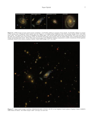 Super Spirals 7
Figure 6. SDSS images of super spiral merger candidates. (a) Possible collision in progress of two spirals. (b) Possible collision or merger
of two spirals, also a brightest cluster galaxy (see also Figure 7). (c) High-surface brightness disk with possible double AGN, with faint
outer arms. The nucleus at the center is classiﬁed as an SDSS QSO. The second bright point source and possible AGN, near the edge of
the disk, has a similar color to the primary AGN. (d) Possible late-stage major merger with two stellar bulges, with a striking grand spiral
design surrounding both nuclei. Three other point sources may mark additional merging components or nuclei, reminiscent of nest galaxies
commonly found at the centers of galaxy clusters. Each SDSS image is 48 on a side.
Figure 7. Super spiral merger candidate 2MASXJ16014061+2718161 (SS 37) is the brightest cluster galaxy of galaxy cluster GMBCG
J240.41924+27.30444. The SDSS image is 203 (572 kpc) on each side.
 