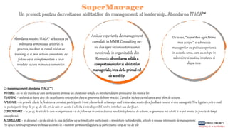 Un proiect pentru dezvoltarea abilitatilor de management si leadership. Abordarea ITACA™
De aceea, “SuperMan-ager.Prima
mea echipa” se adreseaza
managerilor cu putina experienta
in aceasta zona, care au echipe in
subordine si sustine invatarea si
dupa curs.
Abordarea noastra ITACA* se bazeaza pe
imbinarea armonioasa a teoriei cu
practica, nu doar in cursul zilelor de
training, ci si prin actiuni consistente de
follow-up si o implementare a celor
invatate la curs in munca oamenilor.
Anii de experienta de management
cumulati in MMM Consulting ne-
au dus spre recunoasterea unei
nevoi reale in organizatiile din
Romania: dezvoltareasolidaa
comportamentelorsi abilitatilor
manageriale,incade la primulrol
de acesttip.
Ce inseamnaconcretabordarea ITACA™:
INITIERE- cu 10 zile inainte de curs participantii primesc un chestionar simplu cu intrebari despre provocarile din munca lor.
TRAINING– atelierul de lucru de 2 zile cu utilizarea conceptelor cheie si generarea de bune practici. Cursul se incheie cu realizarea unui plan de actiune.
APLICARE– in primele zile de la finalizarea cursului, participantii trimit planurile de actiune pe mail trainerului, acesta ofera feedback concret si vine cu sugestii. Tine legatura prin e-mail
cu participantii timp de 30-45 de zile, ori de cate ori acesta il solicita si este disponibil pentru intrebari sau clarificari.
CONSOLIDARE– la 30-45 de zile de la curs se organizeaza 1 zi de follow-up in care se discuta rezultatele planului de actiune, se genereaza noi solutii si se pot invata (in functie de timp)
concepte noi.
ACUMULARE – in decursul a 90 de zile de la ziua de follow-up se trimit catre participanti 2 newslettere cu tips&tricks, articole si resurse interesante de management.
*Se aplica pentru programele in-house si consta in a mentine permanent legatura cu participantii timp de 120 de zile
 