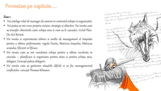 Povestea pe capitole…
Ziua1:
• Voi intelege rolul de manager de oameni in contextul echipei si organizatiei
• Voi putea sa imi creez propria viziune, strategie si obiective. Voi invata cum
sa transfer obiectivele catre echipa mea si cum sa le cascadez. Ciclul Plan-
D0-Act-Review.
• Voi invata si experimenta tehnici si unelte de management al timpului
pentru a obtine performanta: regula Pareto, Matricea timpului, Matricea
scopului, Eficient vs Eficace.
• Voi invata cum sa imi coordonez echipa pentru a obtine excelenta in
executie – planificare si organizare pentru mine si pentru echipa mea,
delegare. Concept palnia delegarii.
• Voi invata cum sa gestionez situatiile dificile si sa fac managementul
conflictelor: concept Thomas Kilmann.
 