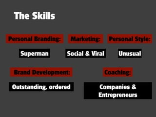 The Skills

Personal Branding:      Marketing:     Personal Style:

    Superman         Social & Viral       Unusual

 Br...