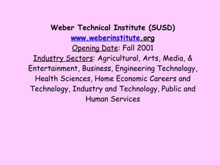 Weber Technical Institute (SUSD) www. weberinstitute .org Opening Date : Fall 2001 Industry Sectors : Agricultural, Arts, Media, & Entertainment, Business, Engineering Technology, Health Sciences, Home Economic Careers and Technology, Industry and Technology, Public and Human Services 