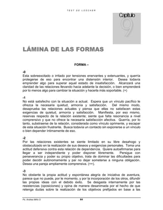 9
                              T E S T   D E    L Ü S C H E R


                                                                   Capítulo




LÁMINA DE LAS FORMAS

                                        FORMA –

-0
Esta sobreexcitado o irritado por tensiones enervantes y extenuantes, y querría
protegerse de eso para encontrar una distensión interior. Desea todavía
emprender algo para superar aquel estado de insatisfacción. Alcanzará una
claridad de las relaciones llevando hacia adelante la decisión, o bien emprenderá
por lo menos algo para cambiar la situación y hacerla más soportable. (+)

-1
No está satisfecho con la situación a actual. Espera que un vínculo pacífico le
ofrezca la necesaria quietud, armonía y satisfacción.          Del mismo modo,
desaprueba las relaciones actuales y piensa que ellas no satisfacen estas
exigencias de quietud, armonía y satisfacción. Manifiesta, por eso mismo,
reservas respecto de la relación existente; siente que falta resonancia a nivel
comprensivo y que no ofrece la necesaria satisfacción afectiva. Querría, por lo
tanto, substraerse de la relación, considerada como vínculo oprimente, y escapar
de esta situación frustrante. Busca todavía un contacto sin exponerse a un vínculo
o bien depender íntimamente de eso.

-2
Por las relaciones existentes se siente limitado en su libre desahogo y
obstaculizado en la realización de sus deseos y exigencias personales. Toma una
actitud defensiva contra esta relación de dependencia. Quiere autoafirmarse para
llegar a ser independiente y poder disponer libremente.            Persigue con
perseverancia y poder su propio objetivo, trata de dominar las dificultades para
poder decidir autónomamente y par no dejar someterse a ninguna obligación.
Desea una pareja ampliamente comprensiva. (++).

-3
No obstante la propia actitud y espontánea alegría de iniciativa de aventura,
parece que no puede, por le momento, y por la incorporación de los otros, difundir
las propias ideas con el debido éxito. Se desgasta internamente por las
resistencias (oposiciones) y opina de manera desanimada por el hecho de que
retenga dudas sobre la realización de los objetivos prefijados en base a las


Ps. Andrea Miño S                             51
 