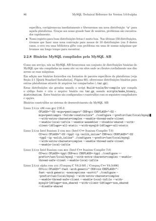 86                                     MySQL Technical Reference for Version 5.0.0-alpha



     espec´
          iﬁca, corrigiremo-na imediatamente e liberaremos um nova distribui¸˜o ’a’ para
                                                                            ca
     aquela plataforma. Gra¸as aos nosso grande base de usu´rios, problemas s˜o encontra-
                            c                              a                 a
     dos rapidamente.
 • Nosso registro para boas distribui¸˜es feitas ´ muito boa. Nas ultimas 150 distribui¸˜es,
                                     co          e                ´                    co
   tivemos que fazer uma nova contru¸˜o para menos de 10 distribui¸˜es (em 3 destes
                                        ca                               co
   casos, o erro era uma biblioteca glibc com problema em uma de nossas m´quinas que
                                                                               a
   levamos um longo tempo para encontrar.

2.2.8 Bin´rios MySQL compilados pela MySQL AB
         a

Como um servi¸o, n´s na MySQL AB fornecemos um conjunto de distribui¸˜es bin´rias do
                c     o                                                    co      a
MySQL que s˜o compiladas no nosso site ou em sites onde os clientes cordialmente nos d˜o
              a                                                                          a
acesso as suas m´quinas.
                  a
Em adi¸˜o aos bin´rios forncedios em formatos de pacotes espec´
       ca           a                                            iﬁcos da plataforma (veja
Se¸˜o 2.1 [Quick Standard Installation], P´gina 60), oferecemos distribui¸˜es bin´rios para
  ca                                      a                              co      a
outras plataformas atrav´s de arquivos tar compactados (.tar.gz).
                        e
Estas distribui¸˜es s˜o geradas usando o script Build-tools/Do-compile que compila
               co    a
o c´digo fonte e cria o arquivo bin´rio em tar.gz usando scripts/make_binary_
    o                                  a
distribution. Estes bin´rios s˜o conﬁgurados e constru´
                         a     a                      idos com os seguintes compiladores
e op¸˜es.
    co
Bin´rios constru´
   a            idos no sistema de desenvolvimento da MySQL AB:
Linux 2.4.xx x86 com gcc 2.95.3
            CFLAGS="-O2 -mcpu=pentiumpro" CXX=gcc CXXFLAGS="-O2 -
            mcpu=pentiumpro -felide-constructors" ./configure --prefix=/usr/local/mysql
            --with-extra-charsets=complex --enable-thread-safe-client
            --enable-local-infile --enable-assembler --disable-shared --with-
            client-ldflags=-all-static --with-mysqld-ldflags=-all-static
Linux 2.4.xx Intel Itanium 2 com ecc (Intel C++ Itanium Compiler 7.0)
            CC=ecc CFLAGS="-O2 -tpp2 -ip -nolib_inline" CXX=ecc CXXFLAGS="-O2
            -tpp2 -ip -nolib_inline" ./configure --prefix=/usr/local/mysql
            --with-extra-charsets=complex --enable-thread-safe-client
            --enable-local-infile
Linux 2.4.xx Intel Itanium com ecc (Intel C++ Itanium Compiler 7.0)
            CC=ecc CFLAGS=-tpp1 CXX=ecc CXXFLAGS=-tpp1 ./configure --
            prefix=/usr/local/mysql --with-extra-charsets=complex --enable-
            thread-safe-client --enable-local-infile
Linux 2.4.xx alpha com ccc (Compaq C V6.2-505 / Compaq C++ V6.3-006)
            CC=ccc CFLAGS="-fast -arch generic" CXX=cxx CXXFLAGS="-
            fast -arch generic -noexceptions -nortti" ./configure -
            -prefix=/usr/local/mysql --with-extra-charsets=complex
            --enable-thread-safe-client --enable-local-infile --with-
            mysqld-ldflags=-non_shared --with-client-ldflags=-non_shared
            --disable-shared
 