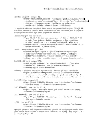 90                                   MySQL Technical Reference for Version 5.0.0-alpha



FreeBSD 5.0 sparc64 com gcc 3.2.1
           CFLAGS=-DHAVE_BROKEN_REALPATH ./configure --prefix=/usr/local/mysql
           --localstatedir=/usr/local/mysql/data --libexecdir=/usr/local/mysql/bin
           --with-extra-charsets=complex --enable-thread-safe-client
           --enable-local-infile --disable-shared --with-innodb
As seguintes op¸˜es de compila¸˜o foram usadas nos pacotes bin´rios que a MySQL AB
               co             ca                                 a
costumava fornecer no passado. Estes bin´rios n˜o s˜o mais atualizados, mas as op¸˜es de
                                        a      a a                               co
compila¸˜o s˜o mantidas aqui com o prop´sito de referˆncia.
       ca a                             o            e
Linux 2.2.xx sparc com egcs 1.1.2
            CC=gcc CFLAGS="-O3 -fno-omit-frame-pointer" CXX=gcc CXXFLAGS="-O3
            -fno-omit-frame-pointer -felide-constructors -fno-exceptions
            -fno-rtti" ./configure --prefix=/usr/local/mysql --with-extra-
            charsets=complex --enable-thread-safe-client --enable-local-infile
            --enable-assembler --disable-shared
Linux 2.2.x com x686 com gcc 2.95.2
            CFLAGS="-O3 -mpentiumpro" CXX=gcc CXXFLAGS="-O3 -mpentiumpro
            -felide-constructors -fno-exceptions -fno-rtti" ./configure
            --prefix=/usr/local/mysql --enable-assembler --with-mysqld-
            ldflags=-all-static --disable-shared --with-extra-charsets=complex
SunOS 4.1.4 2 sun4c com gcc 2.7.2.1
           CC=gcc CXX=gcc CXXFLAGS="-O3 -felide-constructors" ./configure
           --prefix=/usr/local/mysql --disable-shared --with-extra-
           charsets=complex --enable-assembler
SunOS 5.5.1 (e acima) sun4u com egcs 1.0.3a ou 2.90.27 ou gcc 2.95.2 e mais novo
           CC=gcc CFLAGS="-O3" CXX=gcc CXXFLAGS="-O3 -felide-constructors
           -fno-exceptions -fno-rtti" ./configure --prefix=/usr/local/mysql
           --with-low-memory --with-extra-charsets=complex --enable-assembler
SunOS 5.6 i86pc com gcc 2.8.1
           CC=gcc CXX=gcc CXXFLAGS=-O3 ./configure --prefix=/usr/local/mysql
           --with-low-memory --with-extra-charsets=complex
BSDI BSD/OS 3.1 i386 com gcc 2.7.2.1
         CC=gcc CXX=gcc CXXFLAGS=-O ./configure --prefix=/usr/local/mysql
         --with-extra-charsets=complex
BSDI BSD/OS 2.1 i386 com gcc 2.7.2
         CC=gcc CXX=gcc CXXFLAGS=-O3 ./configure --prefix=/usr/local/mysql
         --with-extra-charsets=complex
AIX 2 4 com gcc 2.7.2.2
           CC=gcc CXX=gcc CXXFLAGS=-O3 ./configure --prefix=/usr/local/mysql
           --with-extra-charsets=complex
Qualquer que tenha mais op¸˜es otimizadas para qualquer das conﬁgura¸˜es listadas acima
                           co                                       co
pode sempre envi´-los para a lista de email “internals” do MySQL. Veja Se¸˜o 1.7.1.1
                   a                                                         ca
[Mailing-list], P´gina 33.
                 a
 