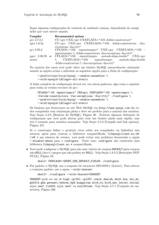 Cap´
   ıtulo 2: Instala¸˜o do MySQL
                   ca                                                                 99



    Segue algumas conﬁgura¸˜es de vari´veis de ambiente comuns, dependendo do compi-
                             co       a
    lador que vocˆ estiver usando:
                 e
    Compiler           Recommended options
    gcc 2.7.2.1        CC=gcc CXX=gcc CXXFLAGS="-O3 -felide-constructors"
    egcs 1.0.3a        CC=gcc CXX=gcc CXXFLAGS="-O3 -felide-constructors -fno-
                       exceptions -fno-rtti"
    gcc 2.95.2         CFLAGS="-O3 -mpentiumpro" CXX=gcc CXXFLAGS="-O3 -
                       mpentiumpro  -felide-constructors -fno-exceptions -fno-rtti"
    pgcc 2.90.29 or CFLAGS="-O3 -mpentiumpro -mstack-align-double" CXX=gcc
    newer                    CXXFLAGS="-O3            -mpentiumpro      -mstack-align-double
                       -felide-constructors  -fno-exceptions -fno-rtti"
    Na maioria dos casos vocˆ pode obter um bin´rio MySQL razoavelmente otimizado
                               e                    a
    usando as op¸˜es acima e adicionar as seguintes op¸˜es para a linha de conﬁgura¸˜o:
                co                                      co                           ca
          --prefix=/usr/local/mysql --enable-assembler 
          --with-mysqld-ldflags=-all-static
    A linha completa de conﬁgura¸˜o dever´ ser, em outras palavras, algo como o seguinte
                                  ca       a
    para todas as vers˜es recentes do gcc:
                      o
          CFLAGS="-O3 -mpentiumpro" CXX=gcc CXXFLAGS="-O3 -mpentiumpro 
          -felide-constructors -fno-exceptions -fno-rtti" ./configure 
          --prefix=/usr/local/mysql --enable-assembler 
          --with-mysqld-ldflags=-all-static
    Os bin´rios que fornecemos no site Web MySQL em http://www.mysql.com s˜o to-
            a                                                                    a
    dos compilados com otimiza¸˜o plena e deve ser perfeito para a maioria dos usu´rios.
                                ca                                                a
    Veja Se¸˜o 2.2.8 [Bin´rios do MySQL], P´gina 86. Existem algumas deﬁni¸˜es de
             ca           a                  a                                  co
    conﬁgura¸˜o que vocˆ pode alterar para criar um bin´rio ainda mais r´pido, mas
              ca         e                                 a                a
    isto ´ somente para usu´rios avan¸ados. Veja Se¸˜o 5.5.3 [Compile and link options],
         e                  a        c             ca
    P´gina 457.
      a
    Se a constru¸˜o falhar e produzir erros sobre seu compilador ou linkeditor n˜o
                  ca                                                             a
    estarem aptos para criarem a biblioteca compartilhada ‘libmysqlclient.so.r#’
    (‘r#’ ´ um n´mero de vers˜o), vocˆ pode evitar este problema fornecendo a op¸˜o
          e      u            a      e                                          ca
    --disable-share para o configure. Neste caso, configure n˜o construir´ uma
                                                                  a          a
    biblioteca libmysqlclient.so.* compartilhada.
 • Vocˆ pode conﬁgurar o MySQL para n˜o usar valores de campos DEFAULT para campos
      e                                 a
   n˜o-NULL (isto ´, campos que n˜o podem ser NULL). Veja Se¸˜o 1.8.5.2 [Restri¸˜es NOT
    a             e              a                          ca                 co
   NULL], P´gina 53.
            a
          shell> CXXFLAGS=-DDONT_USE_DEFAULT_FIELDS ./configure
 • Por padr˜o, o MySQL usa o conjunto de caracteres ISO-8859-1 (Latin1). Para alterar
           a
   o conjunto padr˜o, use a op¸˜o --with-charset:
                  a           ca
          shell> ./configure --with-charset=CHARSET
    CHARSET pode ser um de big5, cp1251, cp1257, czech, danish, dec8, dos, euc_kr,
    gb2312, gbk, german1, hebrew, hp8, hungarian, koi8_ru, koi8_ukr, latin1, latin2,
    sjis, swe7, tis620, ujis, usa7, ou win1251ukr. Veja Se¸˜o 4.7.1 [Conjunto de car-
                                                           ca
    acteres], P´gina 326.
               a
 