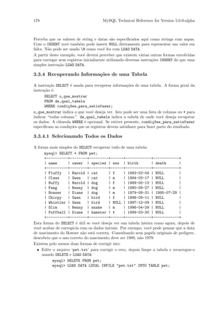 178                                   MySQL Technical Reference for Version 5.0.0-alpha



Perceba que os valores de string e datas s˜o especiﬁcados aqui como strings com aspas.
                                             a
Com o INSERT vocˆ tamb´m pode inserir NULL diretamente para representar um valor em
                   e      e
falta. N˜o pode ser usado N como vocˆ fez com LOAD DATA.
        a                               e
A partir deste exemplo, vocˆ dever´ perceber que existem v´rias outras formas envolvidas
                             e       a                        a
para carregar seus registros inicialmente utilizando diversas instru¸˜es INSERT do que uma
                                                                    co
simples instru¸˜o LOAD DATA.
              ca

3.3.4 Recuperando Informa¸oes de uma Tabela
                         c˜

A instru¸˜o SELECT ´ usada para recuperar informa¸˜es de uma tabela. A forma geral da
         ca         e                              co
instru¸˜o ´:
      ca e
      SELECT o_que_mostrar
      FROM de_qual_tabela
      WHERE condi¸~es_para_satisfazer;
                   co
o_que_mostrar indica o que vocˆ deseja ver. Isto pode ser uma lista de colunas ou * para
                                e
indicar “todas colunas.” de_qual_tabela indica a tabela de onde vocˆ deseja recuperar
                                                                        e
os dados. A cl´usula WHERE ´ opcional. Se estiver presente, condi¸~es_para_satisfazer
              a            e                                      co
especiﬁcam as condi¸˜es que os registros devem satisfazer para fazer parte do resultado.
                    co

3.3.4.1 Selecionando Todos os Dados

A forma mais simples do SELECT recuperar tudo de uma tabela:
      mysql> SELECT * FROM pet;
      +----------+--------+---------+------+------------+------------+
      | name       | owner | species | sex | birth               | death       |
      +----------+--------+---------+------+------------+------------+
      | Fluffy     | Harold | cat        | f      | 1993-02-04 | NULL          |
      | Claws      | Gwen    | cat       | m      | 1994-03-17 | NULL          |
      | Buffy      | Harold | dog        | f      | 1989-05-13 | NULL          |
      | Fang       | Benny | dog         | m      | 1990-08-27 | NULL          |
      | Bowser     | Diane | dog         | m      | 1979-08-31 | 1995-07-29 |
      | Chirpy     | Gwen    | bird      | f      | 1998-09-11 | NULL          |
      | Whistler | Gwen      | bird      | NULL | 1997-12-09 | NULL            |
      | Slim       | Benny | snake       | m      | 1996-04-29 | NULL          |
      | Puffball | Diane | hamster | f            | 1999-03-30 | NULL          |
      +----------+--------+---------+------+------------+------------+
Esta forma do SELECT ´ util se vocˆ deseja ver sua tabela inteira como agora, depois de
                       e ´         e
vocˆ acabar de carreg´-la com os dados iniciais. Por exempo, vocˆ pode pensar que a data
   e                 a                                          e
de nascimento do Bowser n˜o est´ correta. Consultando seus pap´is originais de pedigree,
                           a     a                               e
descobriu que o ano correto do nascimento deve ser 1989, n˜o 1979.
                                                          a
Existem pelo menos duas formas de corrigir isto:
  • Edite o arquivo ‘pet.txt’ para corrigir o erro, depois limpe a tabela e recarregue-o
     usando DELETE e LOAD DATA:
          mysql> DELETE FROM pet;
          mysql> LOAD DATA LOCAL INFILE "pet.txt" INTO TABLE pet;
 