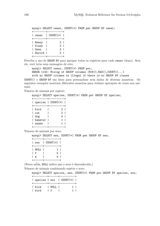190                                  MySQL Technical Reference for Version 5.0.0-alpha



       mysql> SELECT owner, COUNT(*) FROM pet GROUP BY owner;
       +--------+----------+
       | owner | COUNT(*) |
       +--------+----------+
       | Benny |             2 |
       | Diane |             2 |
       | Gwen     |          3 |
       | Harold |            2 |
       +--------+----------+
Perceba o uso de GROUP BY para agrupar todos os registros para cada owner (dono). Sem
ele, vocˆ teria uma mensagem de erro:
        e
       mysql> SELECT owner, COUNT(*) FROM pet;
       ERROR 1140: Mixing of GROUP columns (MIN(),MAX(),COUNT()...)
       with no GROUP columns is illegal if there is no GROUP BY clause
COUNT() e GROUP BY s˜o uteis para personalizar seus dados de diversas maneiras. Os
                        a ´
seguintes exemplos mostram diferentes maneiras para realizar opera¸˜es de censo nos ani-
                                                                  co
mais.
N´mero de animais por esp´cie:
  u                         e
       mysql> SELECT species, COUNT(*) FROM pet GROUP BY species;
       +---------+----------+
       | species | COUNT(*) |
       +---------+----------+
       | bird       |         2 |
       | cat        |         2 |
       | dog        |         3 |
       | hamster |            1 |
       | snake      |         1 |
       +---------+----------+
N´mero de animais por sexo:
  u
       mysql> SELECT sex, COUNT(*) FROM pet GROUP BY sex;
       +------+----------+
       | sex | COUNT(*) |
       +------+----------+
       | NULL |           1 |
       | f      |         4 |
       | m      |         4 |
       +------+----------+
(Nesta sa´ida, NULL indica que o sexo ´ desconhecido.)
                                       e
N´mero de animais combinando esp´cie e sexo:
  u                                  e
       mysql> SELECT species, sex, COUNT(*) FROM pet GROUP BY species, sex;
       +---------+------+----------+
       | species | sex | COUNT(*) |
       +---------+------+----------+
       | bird      | NULL |            1 |
       | bird      | f     |           1 |
 