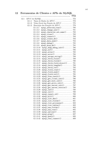 xxi

12   Ferramentas de Clientes e APIs do MySQL
     . . . . . . . . . . . . . . . . . . . . . . . . . . . . . . . . . . . . . . . 772
     12.1 API C do MySQL . . . . . . . . . . . . . . . . . . . . . . . . . . . . . . . . . . . .   772
           12.1.1 Tipos de Dados da API C . . . . . . . . . . . . . . . . . . . .                  772
           12.1.2 Vis˜o Geral das Fun¸˜o da API C . . . . . . . . . . . .
                      a                       ca                                                   775
           12.1.3 Descri¸˜o das Fun¸˜es da API C . . . . . . . . . . . . . .
                         ca              co                                                        779
                  12.1.3.1 mysql_affected_rows() . . . . . . . . . . . .                           780
                  12.1.3.2 mysql_change_user() . . . . . . . . . . . . . .                         781
                  12.1.3.3 mysql_character_set_name(). . . . . . .                                 782
                  12.1.3.4 mysql_close() . . . . . . . . . . . . . . . . . . . . .                 782
                  12.1.3.5 mysql_connect() . . . . . . . . . . . . . . . . . . .                   783
                  12.1.3.6 mysql_create_db() . . . . . . . . . . . . . . . .                       783
                  12.1.3.7 mysql_data_seek() . . . . . . . . . . . . . . . .                       784
                  12.1.3.8 mysql_debug() . . . . . . . . . . . . . . . . . . . . .                 785
                  12.1.3.9 mysql_drop_db() . . . . . . . . . . . . . . . . . . .                   785
                  12.1.3.10 mysql_dump_debug_info() . . . . . . . . .                              786
                  12.1.3.11 mysql_eof() . . . . . . . . . . . . . . . . . . . . . .                786
                  12.1.3.12 mysql_errno() . . . . . . . . . . . . . . . . . . . .                  788
                  12.1.3.13 mysql_error() . . . . . . . . . . . . . . . . . . . .                  788
                  12.1.3.14 mysql_escape_string() . . . . . . . . . . .                            789
                  12.1.3.15 mysql_fetch_field() . . . . . . . . . . . . .                          789
                  12.1.3.16 mysql_fetch_fields() . . . . . . . . . . . .                           790
                  12.1.3.17 mysql_fetch_field_direct() . . . . .                                   791
                  12.1.3.18 mysql_fetch_lengths() . . . . . . . . . . .                            792
                  12.1.3.19 mysql_fetch_row() . . . . . . . . . . . . . . .                        792
                  12.1.3.20 mysql_field_count() . . . . . . . . . . . . .                          794
                  12.1.3.21 mysql_field_seek() . . . . . . . . . . . . . .                         795
                  12.1.3.22 mysql_field_tell() . . . . . . . . . . . . . .                         795
                  12.1.3.23 mysql_free_result() . . . . . . . . . . . . .                          796
                  12.1.3.24 mysql_get_client_info() . . . . . . . . .                              796
                  12.1.3.25 mysql_get_host_info() . . . . . . . . . . .                            796
                  12.1.3.26 mysql_get_proto_info() . . . . . . . . . .                             797
                  12.1.3.27 mysql_get_server_info() . . . . . . . . .                              797
                  12.1.3.28 mysql_get_server_version() . . . . .                                   798
                  12.1.3.29 mysql_info() . . . . . . . . . . . . . . . . . . . . .                 798
                  12.1.3.30 mysql_init() . . . . . . . . . . . . . . . . . . . . .                 799
                  12.1.3.31 mysql_insert_id() . . . . . . . . . . . . . . .                        799
                  12.1.3.32 mysql_kill() . . . . . . . . . . . . . . . . . . . . .                 800
                  12.1.3.33 mysql_list_dbs(). . . . . . . . . . . . . . . . .                      801
                  12.1.3.34 mysql_list_fields() . . . . . . . . . . . . .                          801
                  12.1.3.35 mysql_list_processes() . . . . . . . . . .                             802
                  12.1.3.36 mysql_list_tables() . . . . . . . . . . . . .                          802
                  12.1.3.37 mysql_num_fields() . . . . . . . . . . . . . .                         803
                  12.1.3.38 mysql_num_rows(). . . . . . . . . . . . . . . . .                      805
                  12.1.3.39 mysql_options() . . . . . . . . . . . . . . . . . .                    805
                  12.1.3.40 mysql_ping() . . . . . . . . . . . . . . . . . . . . .                 807
                  12.1.3.41 mysql_query() . . . . . . . . . . . . . . . . . . . .                  808
                  12.1.3.42 mysql_real_connect() . . . . . . . . . . . .                           809
 