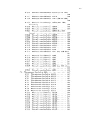 xxx

     C.5.14 Altera¸˜es na distribui¸˜o 3.22.22 (30 Apr 1999)
                             co                            ca
           . . . . . . . . . . . . . . . . . . . . . . . . . . . . . . . . . . . . . . . . . . . . . . 1036
     C.5.15 Altera¸˜es na distribui¸˜o 3.22.21 . . . . . . . . . . . 1036
                             co                            ca
     C.5.16 Altera¸˜es na distribui¸˜o 3.22.20 (18 Mar 1999)
                             co                            ca
           . . . . . . . . . . . . . . . . . . . . . . . . . . . . . . . . . . . . . . . . . . . . . . 1036
     C.5.17 Altera¸˜es na distribui¸˜o 3.22.19 (Mar 1999:
                             co                            ca
          Production) . . . . . . . . . . . . . . . . . . . . . . . . . . . . . . . . . . . 1036
     C.5.18 Altera¸˜es na distribui¸˜o 3.22.18 . . . . . . . . . . . 1036
                             co                            ca
     C.5.19 Altera¸˜es na distribui¸˜o 3.22.17 . . . . . . . . . . . 1037
                             co                            ca
     C.5.20 Altera¸˜es na distribui¸˜o 3.22.16 (Feb 1999:
                             co                            ca
          Gamma) . . . . . . . . . . . . . . . . . . . . . . . . . . . . . . . . . . . . . . 1037
     C.5.21 Altera¸˜es na distribui¸˜o 3.22.15 . . . . . . . . . . . 1037
                             co                            ca
     C.5.22 Altera¸˜es na distribui¸˜o 3.22.14 . . . . . . . . . . . 1038
                             co                            ca
     C.5.23 Altera¸˜es na distribui¸˜o 3.22.13 . . . . . . . . . . . 1038
                             co                            ca
     C.5.24 Altera¸˜es na distribui¸˜o 3.22.12 . . . . . . . . . . . 1038
                             co                            ca
     C.5.25 Altera¸˜es na distribui¸˜o 3.22.11 . . . . . . . . . . . 1039
                             co                            ca
     C.5.26 Altera¸˜es na distribui¸˜o 3.22.10 . . . . . . . . . . . 1039
                             co                            ca
     C.5.27 Altera¸˜es na distribui¸˜o 3.22.9 . . . . . . . . . . . . 1040
                             co                            ca
     C.5.28 Altera¸˜es na distribui¸˜o 3.22.8 . . . . . . . . . . . . 1040
                             co                            ca
     C.5.29 Altera¸˜es na distribui¸˜o 3.22.7 (Sep 1998: Beta)
                             co                            ca
           . . . . . . . . . . . . . . . . . . . . . . . . . . . . . . . . . . . . . . . . . . . . . . 1041
     C.5.30 Altera¸˜es na distribui¸˜o 3.22.6 . . . . . . . . . . . . 1041
                             co                            ca
     C.5.31 Altera¸˜es na distribui¸˜o 3.22.5 . . . . . . . . . . . . 1042
                             co                            ca
     C.5.32 Altera¸˜es na distribui¸˜o 3.22.4 . . . . . . . . . . . . 1043
                             co                            ca
     C.5.33 Altera¸˜es na distribui¸˜o 3.22.3 . . . . . . . . . . . . 1044
                             co                            ca
     C.5.34 Altera¸˜es na distribui¸˜o 3.22.2 . . . . . . . . . . . . 1044
                             co                            ca
     C.5.35 Altera¸˜es na distribui¸˜o 3.22.1 (Jun 1998: Alpha)
                             co                            ca
           . . . . . . . . . . . . . . . . . . . . . . . . . . . . . . . . . . . . . . . . . . . . . . 1045
     C.5.36 Altera¸˜es na distribui¸˜o 3.22.0 . . . . . . . . . . . . 1045
                             co                            ca
C.6 Altera¸˜es na distribui¸˜o 3.21.x . . . . . . . . . . . . . . . . . . . . . . 1047
          co                            ca
     C.6.1 Altera¸˜es na distribui¸˜o 3.21.33 . . . . . . . . . . . . 1047
                           co                            ca
     C.6.2 Altera¸˜es na distribui¸˜o 3.21.32 . . . . . . . . . . . . 1047
                           co                            ca
     C.6.3 Altera¸˜es na distribui¸˜o 3.21.31 . . . . . . . . . . . . 1047
                           co                            ca
     C.6.4 Altera¸˜es na distribui¸˜o 3.21.30 . . . . . . . . . . . . 1048
                           co                            ca
     C.6.5 Altera¸˜es na distribui¸˜o 3.21.29 . . . . . . . . . . . . 1048
                           co                            ca
     C.6.6 Altera¸˜es na distribui¸˜o 3.21.28 . . . . . . . . . . . . 1048
                           co                            ca
     C.6.7 Altera¸˜es na distribui¸˜o 3.21.27 . . . . . . . . . . . . 1049
                           co                            ca
     C.6.8 Altera¸˜es na distribui¸˜o 3.21.26 . . . . . . . . . . . . 1049
                           co                            ca
     C.6.9 Altera¸˜es na distribui¸˜o 3.21.25 . . . . . . . . . . . . 1049
                           co                            ca
     C.6.10 Altera¸˜es na distribui¸˜o 3.21.24 . . . . . . . . . . . 1050
                             co                            ca
     C.6.11 Altera¸˜es na distribui¸˜o 3.21.23 . . . . . . . . . . . 1050
                             co                            ca
     C.6.12 Altera¸˜es na distribui¸˜o 3.21.22 . . . . . . . . . . . 1050
                             co                            ca
     C.6.13 Altera¸˜es na distribui¸˜o 3.21.21a . . . . . . . . . . 1051
                             co                            ca
     C.6.14 Altera¸˜es na distribui¸˜o 3.21.21 . . . . . . . . . . . 1051
                             co                            ca
     C.6.15 Altera¸˜es na distribui¸˜o 3.21.20 . . . . . . . . . . . 1051
                             co                            ca
     C.6.16 Altera¸˜es na distribui¸˜o 3.21.19 . . . . . . . . . . . 1052
                             co                            ca
     C.6.17 Altera¸˜es na distribui¸˜o 3.21.18 . . . . . . . . . . . 1052
                             co                            ca
     C.6.18 Altera¸˜es na distribui¸˜o 3.21.17 . . . . . . . . . . . 1052
                             co                            ca
 