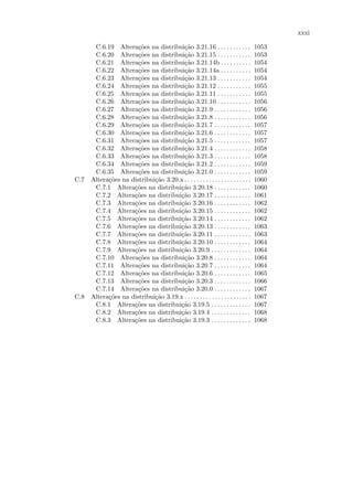 xxxi

     C.6.19 Altera¸˜es na distribui¸˜o 3.21.16 . . . . . . . . . . .
                     co               ca                                            1053
     C.6.20 Altera¸˜es na distribui¸˜o 3.21.15 . . . . . . . . . . .
                     co               ca                                            1053
     C.6.21 Altera¸˜es na distribui¸˜o 3.21.14b . . . . . . . . . .
                     co               ca                                            1054
     C.6.22 Altera¸˜es na distribui¸˜o 3.21.14a . . . . . . . . . .
                     co               ca                                            1054
     C.6.23 Altera¸˜es na distribui¸˜o 3.21.13 . . . . . . . . . . .
                     co               ca                                            1054
     C.6.24 Altera¸˜es na distribui¸˜o 3.21.12 . . . . . . . . . . .
                     co               ca                                            1055
     C.6.25 Altera¸˜es na distribui¸˜o 3.21.11 . . . . . . . . . . .
                     co               ca                                            1055
     C.6.26 Altera¸˜es na distribui¸˜o 3.21.10 . . . . . . . . . . .
                     co               ca                                            1056
     C.6.27 Altera¸˜es na distribui¸˜o 3.21.9 . . . . . . . . . . . .
                     co               ca                                            1056
     C.6.28 Altera¸˜es na distribui¸˜o 3.21.8 . . . . . . . . . . . .
                     co               ca                                            1056
     C.6.29 Altera¸˜es na distribui¸˜o 3.21.7 . . . . . . . . . . . .
                     co               ca                                            1057
     C.6.30 Altera¸˜es na distribui¸˜o 3.21.6 . . . . . . . . . . . .
                     co               ca                                            1057
     C.6.31 Altera¸˜es na distribui¸˜o 3.21.5 . . . . . . . . . . . .
                     co               ca                                            1057
     C.6.32 Altera¸˜es na distribui¸˜o 3.21.4 . . . . . . . . . . . .
                     co               ca                                            1058
     C.6.33 Altera¸˜es na distribui¸˜o 3.21.3 . . . . . . . . . . . .
                     co               ca                                            1058
     C.6.34 Altera¸˜es na distribui¸˜o 3.21.2 . . . . . . . . . . . .
                     co               ca                                            1059
     C.6.35 Altera¸˜es na distribui¸˜o 3.21.0 . . . . . . . . . . . .
                     co               ca                                            1059
C.7 Altera¸˜es na distribui¸˜o 3.20.x . . . . . . . . . . . . . . . . . . . . . .
          co               ca                                                       1060
     C.7.1 Altera¸˜es na distribui¸˜o 3.20.18 . . . . . . . . . . . .
                   co               ca                                              1060
     C.7.2 Altera¸˜es na distribui¸˜o 3.20.17 . . . . . . . . . . . .
                   co               ca                                              1061
     C.7.3 Altera¸˜es na distribui¸˜o 3.20.16 . . . . . . . . . . . .
                   co               ca                                              1062
     C.7.4 Altera¸˜es na distribui¸˜o 3.20.15 . . . . . . . . . . . .
                   co               ca                                              1062
     C.7.5 Altera¸˜es na distribui¸˜o 3.20.14 . . . . . . . . . . . .
                   co               ca                                              1062
     C.7.6 Altera¸˜es na distribui¸˜o 3.20.13 . . . . . . . . . . . .
                   co               ca                                              1063
     C.7.7 Altera¸˜es na distribui¸˜o 3.20.11 . . . . . . . . . . . .
                   co               ca                                              1063
     C.7.8 Altera¸˜es na distribui¸˜o 3.20.10 . . . . . . . . . . . .
                   co               ca                                              1064
     C.7.9 Altera¸˜es na distribui¸˜o 3.20.9 . . . . . . . . . . . . .
                   co               ca                                              1064
     C.7.10 Altera¸˜es na distribui¸˜o 3.20.8 . . . . . . . . . . . .
                     co               ca                                            1064
     C.7.11 Altera¸˜es na distribui¸˜o 3.20.7 . . . . . . . . . . . .
                     co               ca                                            1064
     C.7.12 Altera¸˜es na distribui¸˜o 3.20.6 . . . . . . . . . . . .
                     co               ca                                            1065
     C.7.13 Altera¸˜es na distribui¸˜o 3.20.3 . . . . . . . . . . . .
                     co               ca                                            1066
     C.7.14 Altera¸˜es na distribui¸˜o 3.20.0 . . . . . . . . . . . .
                     co               ca                                            1067
C.8 Altera¸˜es na distribui¸˜o 3.19.x . . . . . . . . . . . . . . . . . . . . . .
          co               ca                                                       1067
     C.8.1 Altera¸˜es na distribui¸˜o 3.19.5 . . . . . . . . . . . . .
                   co               ca                                              1067
     C.8.2 Altera¸˜es na distribui¸˜o 3.19.4 . . . . . . . . . . . . .
                   co               ca                                              1068
     C.8.3 Altera¸˜es na distribui¸˜o 3.19.3 . . . . . . . . . . . . .
                   co               ca                                              1068
 